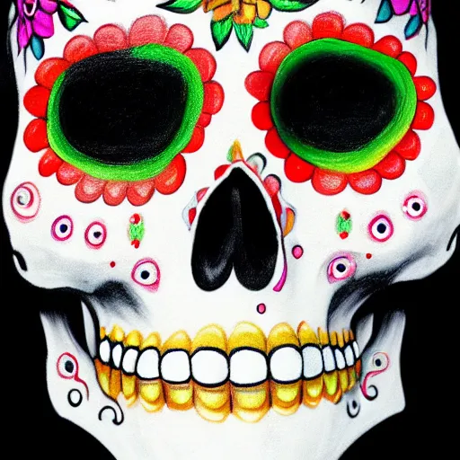 Prompt: a real - life human skull beautifully painted for dia de muertos as a sugar skull, 1 6 k resolution, ultra realistic, highly detailed, colorful, festive