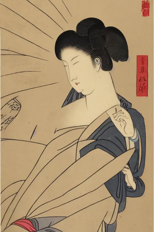 Image similar to Angel with a crown of light, in the style of Utamaro