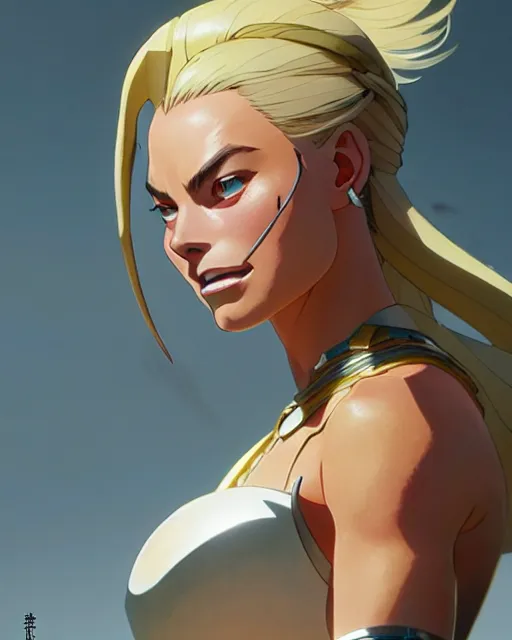 Image similar to azctec warrior, margot robbie, detailed perfect face, exquisite details, fire magic, mid view, design on a white background, by studio muti, greg rutkowski makoto shinkai takashi takeuchi studio ghibli