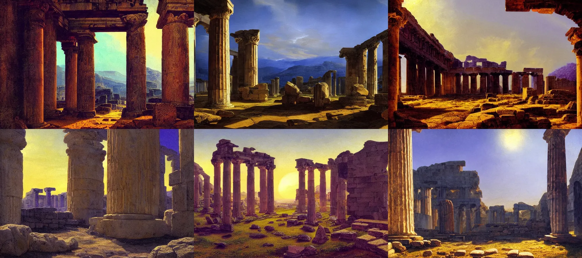 Prompt: closeup, inside ancient greek ruins, digital painting, concept art, colourful,, blue and purple tones, golden hour, volumetric lighting, caspar david friedrich