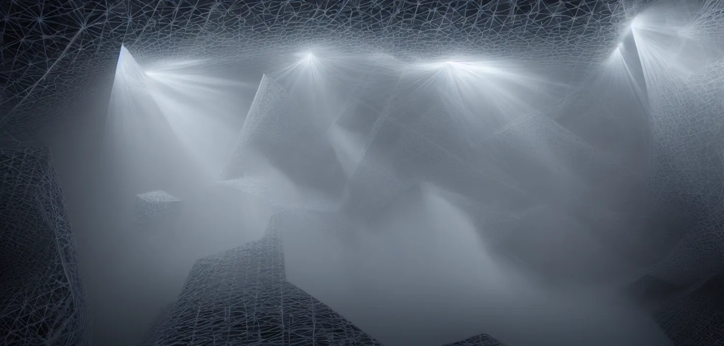 Image similar to light beams as structural space forming a mystical megastructure - in a harmonic sacred geometry pattern, by jack oliva - rendler, by gaudi, photorealistic, god rays, octane render, depth of field, deep volumetric light, deep volumetric fog, volumetric fog space, apex of creation, realistic render