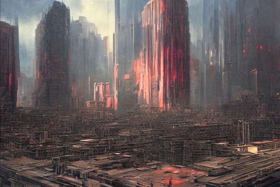 Prompt: dystopian american city, oil painting, wide angle, totalitarian, brutalist architecture, sharp focus, vibrant colors, detailed, volumetric lighting, impactful masterpiece, by wayne barlowe, by kunkle brad
