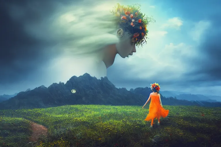 Image similar to giant dahlia flower crown under head, girl walking on mountain, surreal photography, blue storm clouds, dramatic light, impressionist painting, digital painting, artstation, simon stalenhag