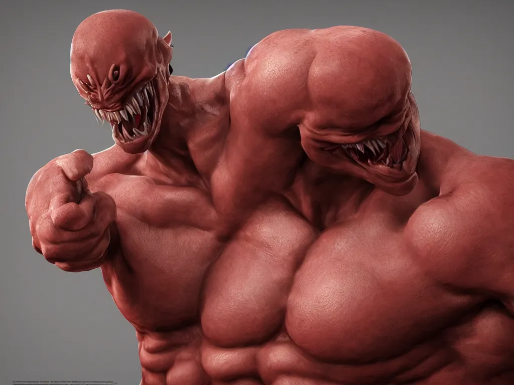 Image similar to game concept art, muscular body, mesomorph, crustacean head, sharp teeth, hyperrealism, artstation, cgsociety, zbrush, no background