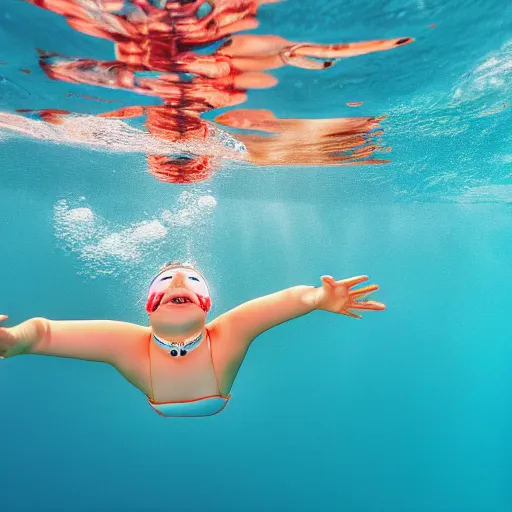 Image similar to 8k UHD under water photograph lithe carefree girl swimming in lagoon, taken from below, detailed