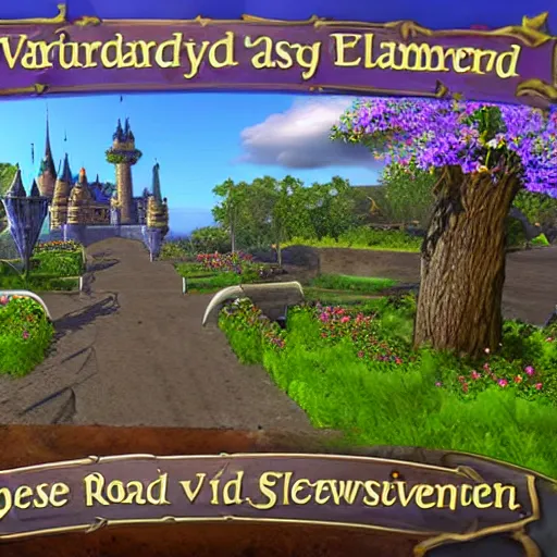 Image similar to road leading to Stormwind city, large fantasy castle with flower gardens, screenshot from violet evergarden