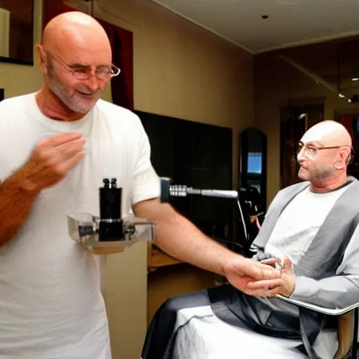 Prompt: phil collins at the hairdresser