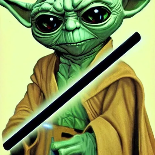 Image similar to inspired by ralph mcquarrie, yoda with a lightsaber