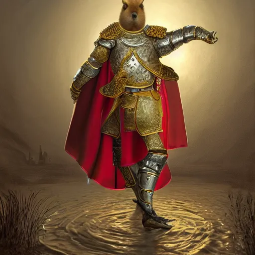 Image similar to highly detailed photorealistic painting of a capybara :: wearing a ultra detailed ornamented gold crown with diamonds, in a highly detailed medieval knight armor with red cape, standing in front of a photorealistic detailed castle, sharp focus in the style of ruan jia, Mandy jurgens, cinematic light, concept art, trending on artstation, ultra realistic, 8k octane render, unreal engine