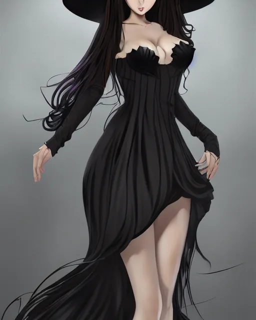 Image similar to A frontal fullbody painting of a beautiful brunette witch and wearing a cute translucent black dress looking at the viewer, elegant, delicate, stunning, soft lines, feminine figure, higly detailed, ultraHD, 8k, smooth , pixiv art, cgsociety, artgem, high quality, digital illustration, concept art, masterpiece