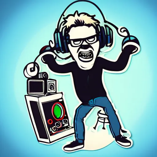 Image similar to svg vector sticker of absolutely insane-mad-scientist-villain, rocking out, wearing headphones, huge speakers, dancing, rave, DJ, spinning records, digital art, amazing composition, rule-of-thirds, award-winning, trending on artstation, featured on deviantart