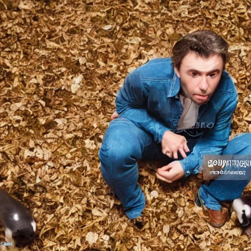 Prompt: man surrounded by ferrets falling around him, stock photo