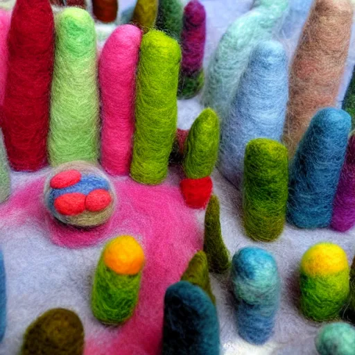 Prompt: a needle felted city, needle felting art.