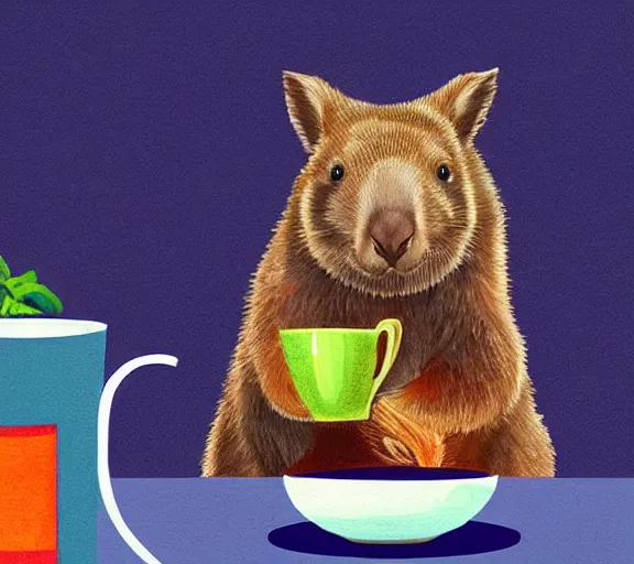 Image similar to awesome colourful digital painting of a wombat sipping a cup of tea