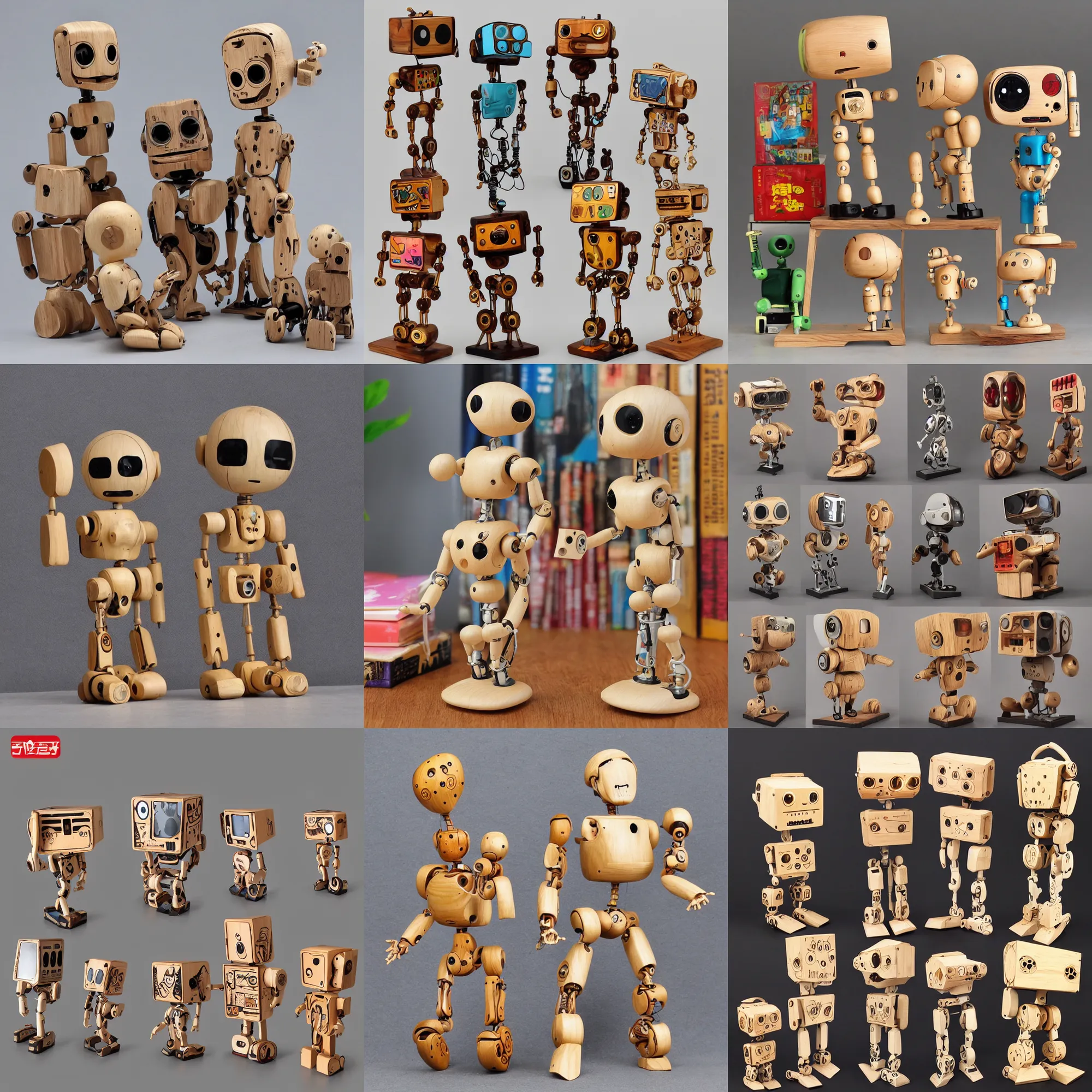 Prompt: realistic a wooden sculpture art toys collection la very cute figurine robot cyberpun style popart