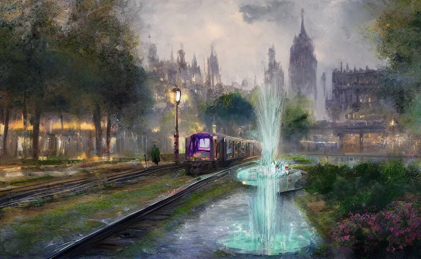 Image similar to An urban train rides inside of a waterway on a fantasy city, next to a fountain and a mystical palace. By Konstantin Razumov, Fractal flame, chiaroscuro, highly detailded