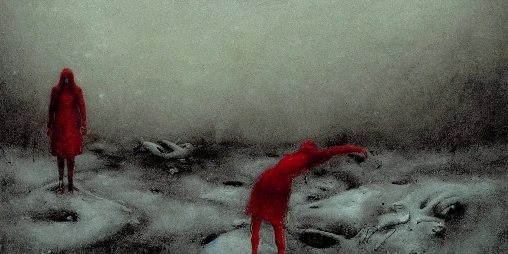 Image similar to surrealist painting of a lonely woman with pale skin and red hair standing over pile of bodies in post apocalyptic snowy landscape painted by beksinski