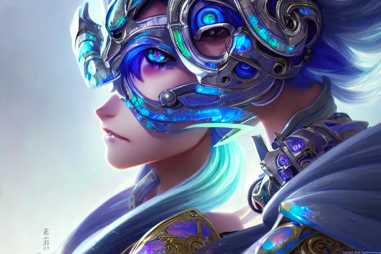 Image similar to anime iridescent opal cyborg shinobi, intricate ornate details, morandi color scheme, fantasy, elegant, highly detailed, wide angle, digital painting, artstation, concept art, smooth, sharp focus, illustration, wallpaper, splash art, league of legends, art by artgerm and greg rutkowski and alphonse mucha and jin xiaodi