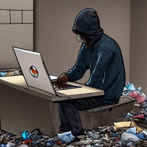 Image similar to a bum using laptop near trash, trending on artstation, highly detailed, intricate, sharp focus, digital art, 8 k