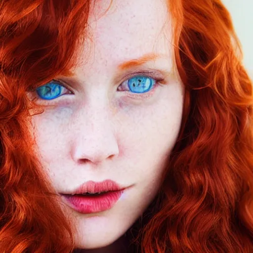Prompt: Close up 35mm nikon photo of the left side of the head of a redhead photomodel with gorgeous blue eyes and wavy long red hair, who looks directly at the camera. Whole head visible and covers half of the frame,.