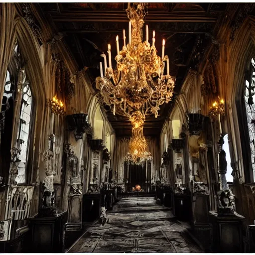 Prompt: gothic hall with large chandeliers under the ceiling, horror style, with puppies and kittens everywhere