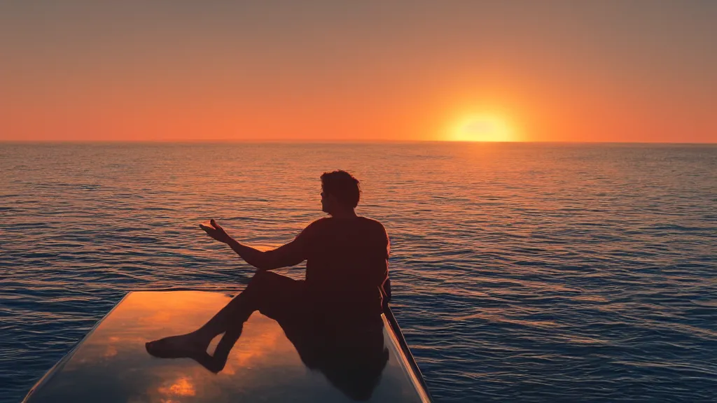 Prompt: a movie still of a man sitting on the roof of a car floating in the ocean at sunset, golden hour