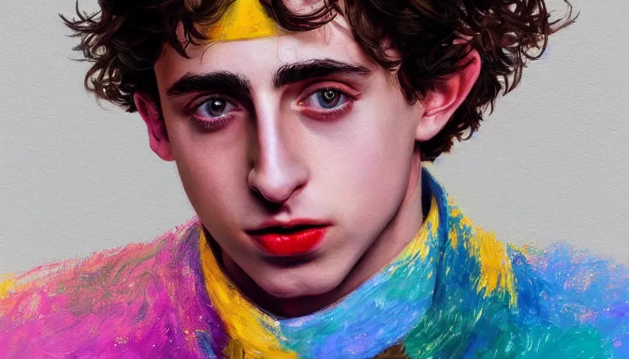 Prompt: +very detailed+masterpiece+digital+Timothee Chalamet+golden suit+featured in artstation+digitally painted by WLOP+yellow+blue+pink+⭐-H 1000