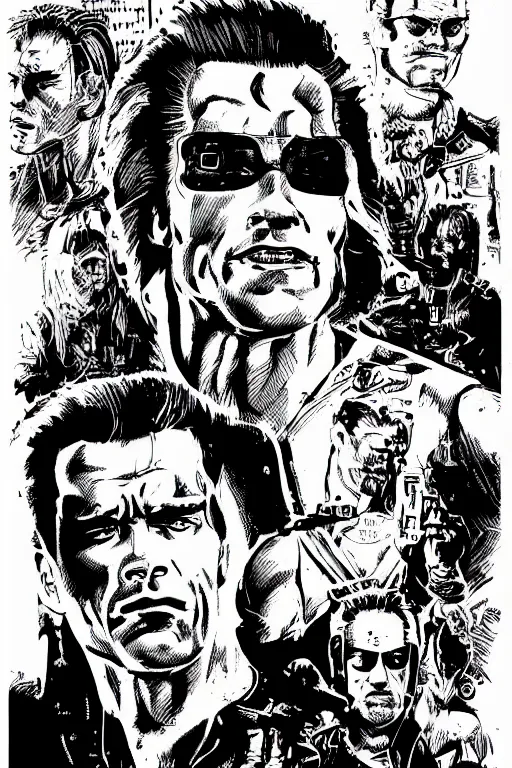 Image similar to arnold schwarzenegger, a page from cyberpunk 2 0 2 0, style of paolo parente, style of mike jackson, adam smasher, johnny silverhand, 1 9 9 0 s comic book style, ink drawing, black and white