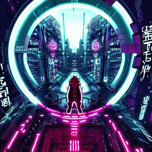 Image similar to Perfect circle portal leading to a vast neon cyberpunk Tokyo in style of Tsutomu Nihei. Cyberpunk, vertical symmetry, 8K, Highly Detailed, Intricate, Vivid.