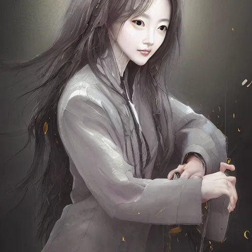 Image similar to dynamic composition, motion, ultra-detailed, incredibly detailed, a lot of details, amazing fine details and brush strokes, colorful and grayish palette, smooth, HD semirealistic anime CG concept art digital painting, watercolor oil painting of a young office lady, by a Chinese artist at ArtStation, by Huang Guangjian, Fenghua Zhong, Ruan Jia, Xin Jin and Wei Chang. Realistic artwork of a Chinese videogame, gradients, gentle an harmonic grayish colors.