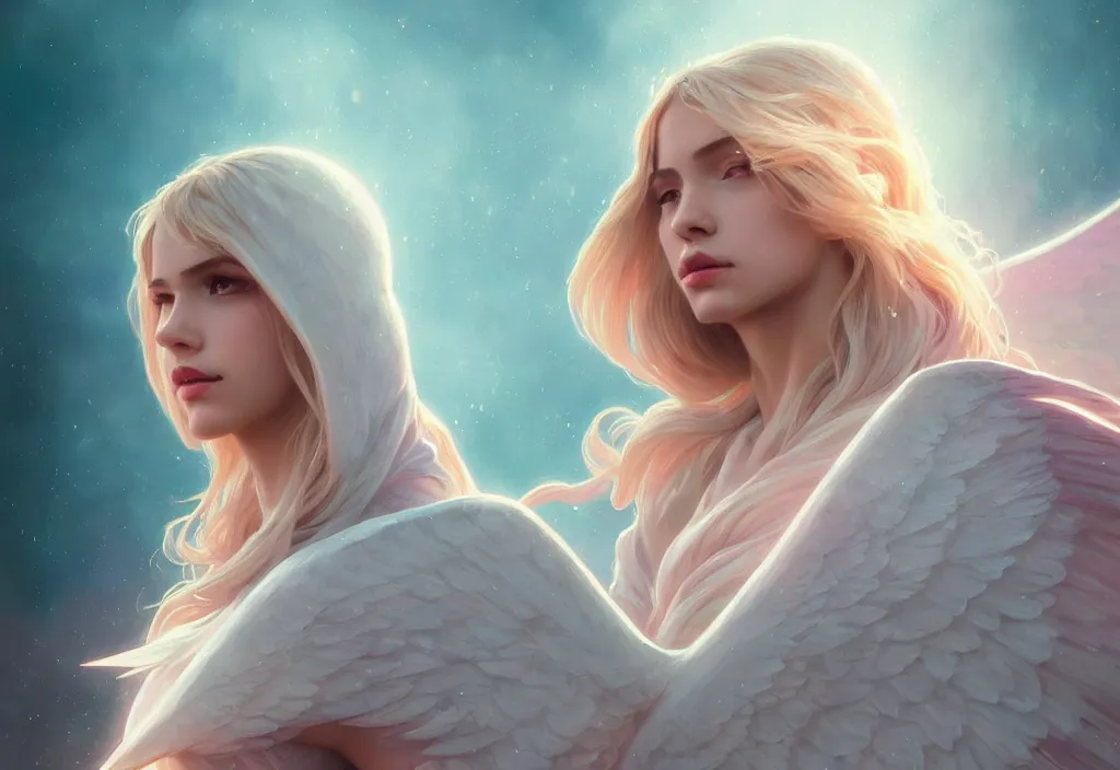 Image similar to one angel, big wings, low key light, full plate armor with cloth, f 1 6, bokeh, extreme close up portrait, gentle, female, mountain, storm, god rays, landscape, d & d, fantasy, elegant, teal pink white gold color palette, concept art, artgerm and greg rutkowski and alphonse mucha