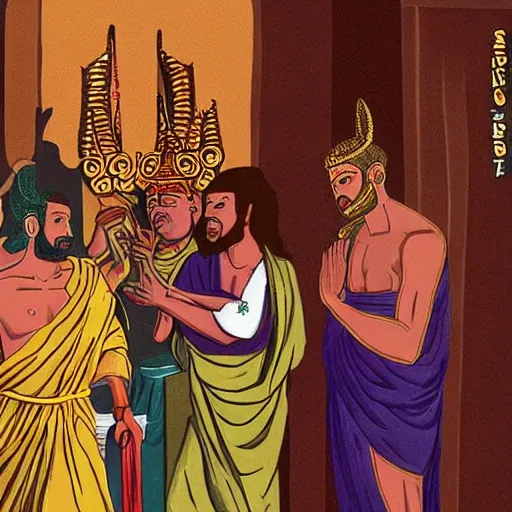 Prompt: jesus and buddha vishnu and anubis in a bar drinking brear with