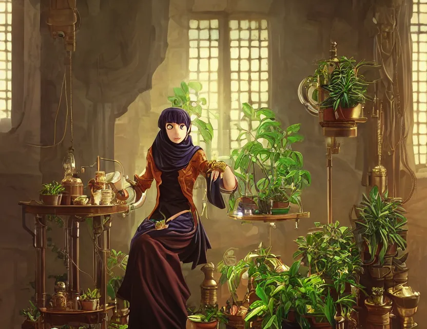 Image similar to middle eastern scifi alchemist in a well lit study with potted plants, wearing a lovely dress with steampunk details. this oil painting by the award - winning mangaka has an interesting color scheme and impeccable lighting.