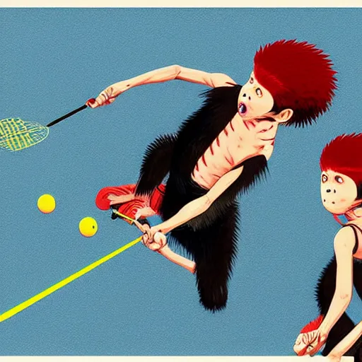 Image similar to illustration of monkeys playing badminton by ilya kuvshinov katsuhiro otomo