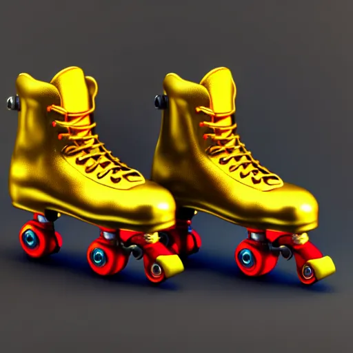 Image similar to a pair of golden roller skates, digital illustration, detailed, 8 k, artstation, detailed and intricate, 8 k resolution, hyperrealistic, octane render, cinematic 9