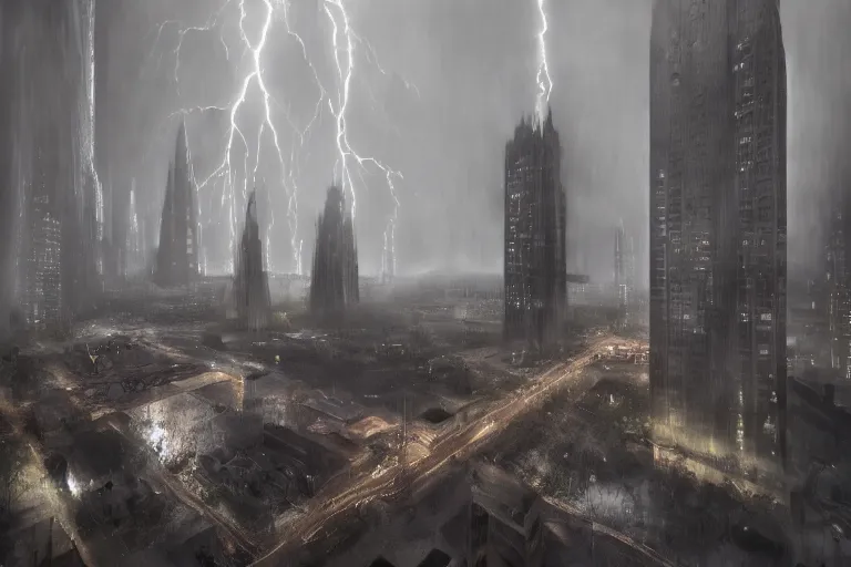 Image similar to a towering cathedral of brutalist architecture, metal, concrete, mist, rain, night, dramatic lighting, lightning bolt, trending on Artstation, 8k, highly realistic, hyper detailed, unreal engine 5, IMAX quality, realistic, cinematic, epic lighting, realistic, in the style of Greg Rutkowski