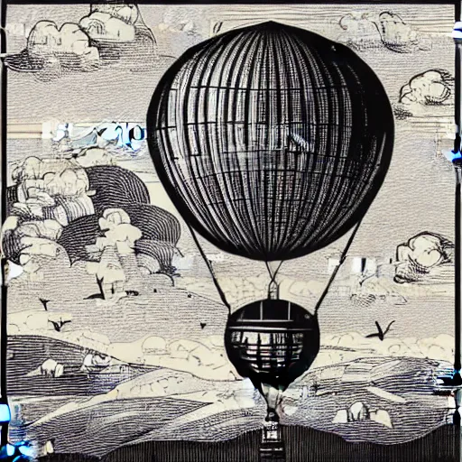 Image similar to steampunk air balloon over fantasy landscape, vector art, line art, engraving illustration