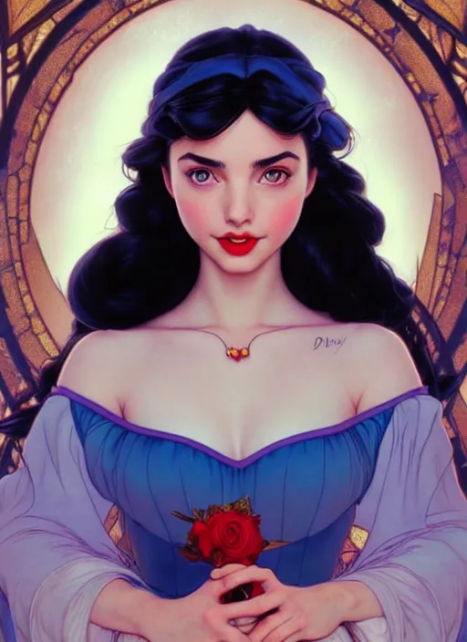 Prompt: disney snow white ( ( ana de armas ) ), girl, masterpiece, intricate, elegant, highly detailed, my rendition, digital painting, artstation, concept art, smooth, sharp focus, illustration, art by artgerm and greg rutkowski and alphonse mucha and uang guangjian and gil elvgren and sachin teng, symmetry!!