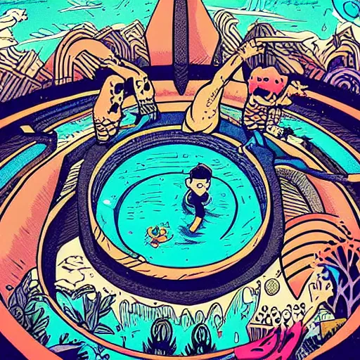 Image similar to colorful digital art, mcbess illustration, a portal to another world, opened in the middle of a swimming pool