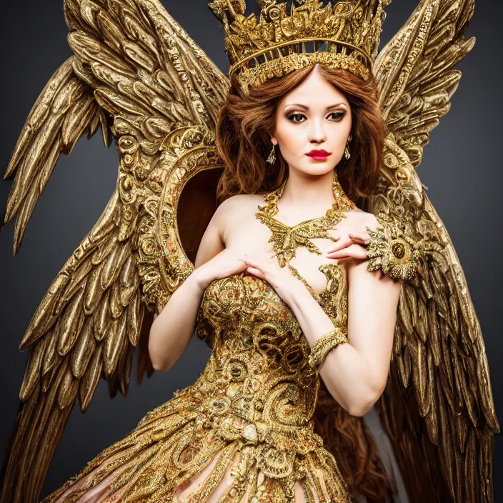 Image similar to full length photo of a very beautiful!! angel queen with ornate dress, highly detailed, 4 k, hdr, smooth, sharp focus, high resolution, award - winning photo