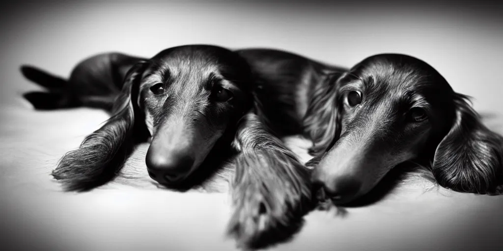 Prompt: A longhaired dachshund sleeps on a sausage in zero gravity, by Salvador Dalí, studio lighting, harmony color, Leica M6, 85 mm