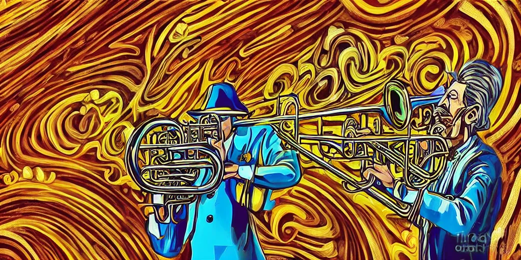 Image similar to highly detailed digital artwork of a psychedelic dingoman with a salvador dali mustache. he is playing the trumpet.