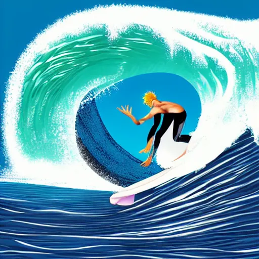 Image similar to 2 0 year old blond surfer on a giant wave, vivid, realistic