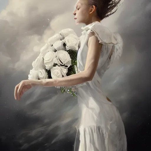 Image similar to painting of a a queen with a white large magnificent more and more vaporous ,wrapped ,hight decorated, detailed ,white and cream roses cotton dress shooting surrounded by a bouquet of abstract white flowers and clouds, dramatic light, artstation octane,surrealism 8k