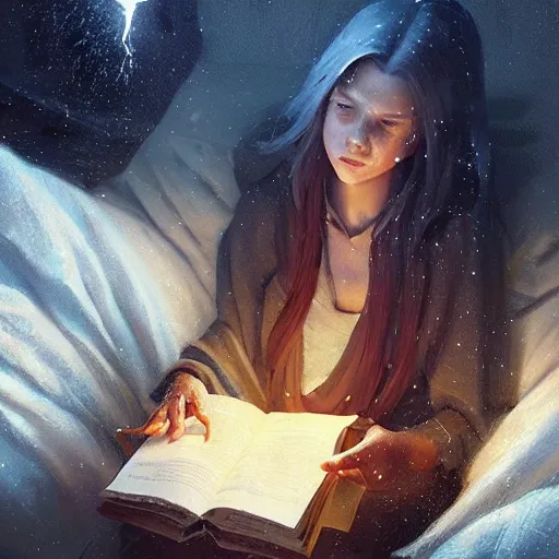 Prompt: A young female wizard, accidentally casting her first spell while practicing in bed, magic crackling in the air, fantasy art by Greg Rutkowski