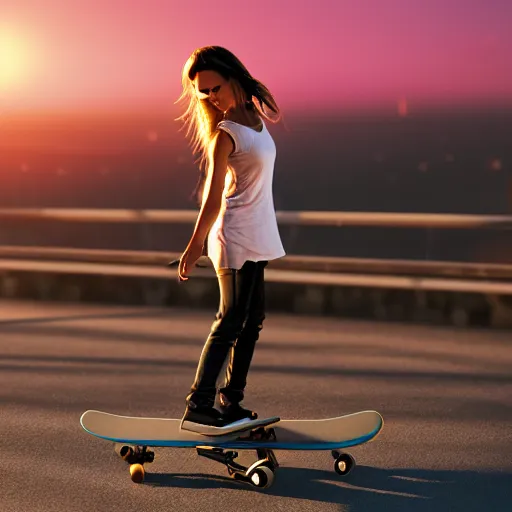 Prompt: skater girl in california at sunset, 4 k, 3 d