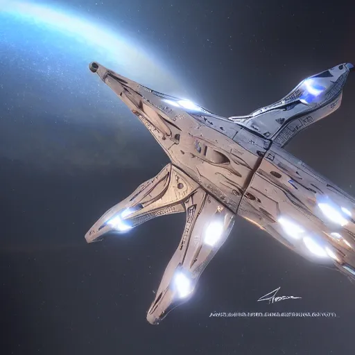 Image similar to starship made of advanced tech, oval design, armor plating on nose, dotted with leds, smooth, graceful design, figree decorations, gyroscopic engines, photo realism, unreal engine, trending on artstation