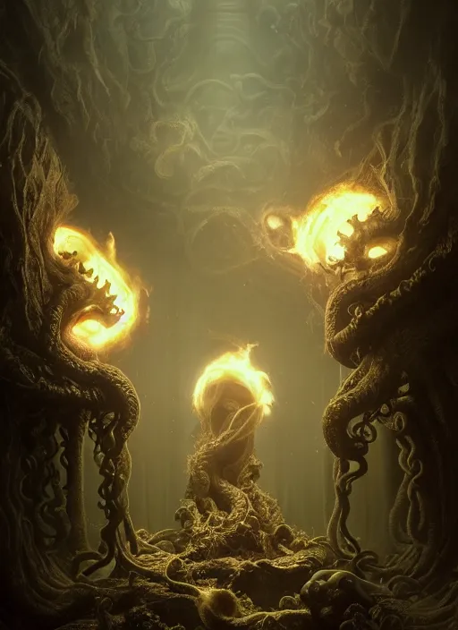 Image similar to giant tentacles and shub - niggurath destroying a glowing mansion in burning vapor dramatic lighting fantomatic head and faces floating catching fire, artstation, matte painting, bastien lecouffe - deharme, aykut aydogdu, allen williams, artem chebokha