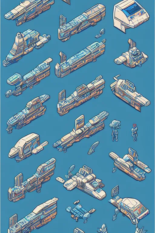 Image similar to space ship isometric design, pixel art, sprite sheet, game resources, futuristic van by josan gonzalez, victor calleja