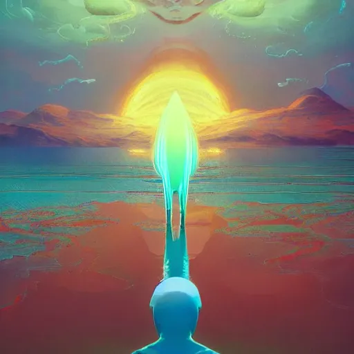 Image similar to colourful breathtakingly weird beautiful powerful magical wonderfully majestic beautifully quirky incredibly cool character by michael whelan, moebius, beeple, dan mcpharlin, pascal blanche, symmetrical, serene expression, magical stormy reflections, smoke on water, sat down, 8 k artstation